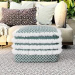 SIMPLIHOME Leah Boho Square Woven Outdoor  Indoor Pouf in Turquoise and White Recycled PET Polyester for the Living Room Family Room Bedroom and Kids Room
