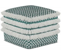 SIMPLIHOME Leah Boho Square Woven Outdoor  Indoor Pouf in Turquoise and White Recycled PET Polyester for the Living Room Family Room Bedroom and Kids Room