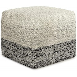 SIMPLIHOME Macie Boho Square Woven Outdoor  Indoor Pouf in Grey and White Recycled PET Polyester for the Living Room Family Room Bedroom and Kids Room