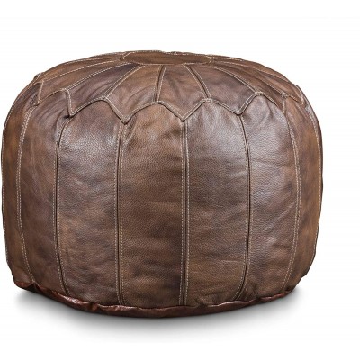 Stone & Leigh Moroccan Genuine Leather Pouf Ottoman Footstool 14" Tall 20" Wide Large Round Stuffed Living Room Decor Bohemian