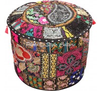 Stylo Culture Bohemian Living Room Pouf Cover Round Patchwork Embroidered Pouffe Ottoman Black Cotton Floral Traditional Furniture Footstool Seat Puff 18x18x13 Bean Bag Decor