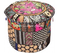 Stylo Culture Indian Floor Ottoman Pouf Cover Round Patchwork Embroidered Pouffe Black Cotton Floral Traditional Furniture Footstool Seat Puff 16x16x13 Bean Bag Home Decor