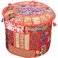 Stylo Culture Indian Pouffe Ottoman Cover Round Patchwork Embroidered Pouf Red Cotton Floral Traditional Furniture Footstool Seat Puff 16x16x13 Bean Bag Living Room Decor
