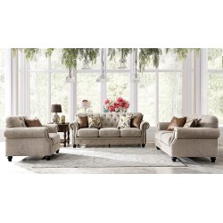 Acanva Collection Chesterfield Chenille Tufted Living Room Sofa 3 Piece Set Almond