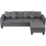 ATY L-Shape Sectional Sofa Set Corner Couch with Left Right Facing Chaise Lounge and Cup Holders Living Room Furniture Grey
