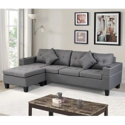 ATY L-Shape Sectional Sofa Set Corner Couch with Left Right Facing Chaise Lounge and Cup Holders Living Room Furniture Grey
