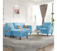Mjkone Convertible Sectional Sofa Couch with Storage Ottoman 3 Pcs Couch Set with Storage Pockets Sectional Couches for Living Room 3-Seater + Ottoman+ 1-Seater Light Blue