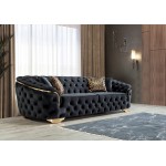 Modern Velvet Upholstered 2 Piece Sofa Loveseat Set Luxury Living Room Set w Gold Metal Details & Button Tufting Black