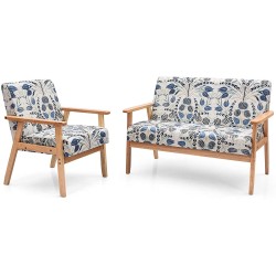 POWERSTONE Upholstered Loveseat and Accent Chair Set Modern Fabric Arm Chair and 2-Seat Wooden Loveseat Sofa Couch for Living Room Dinning Room and Office Blue Loveseat Set